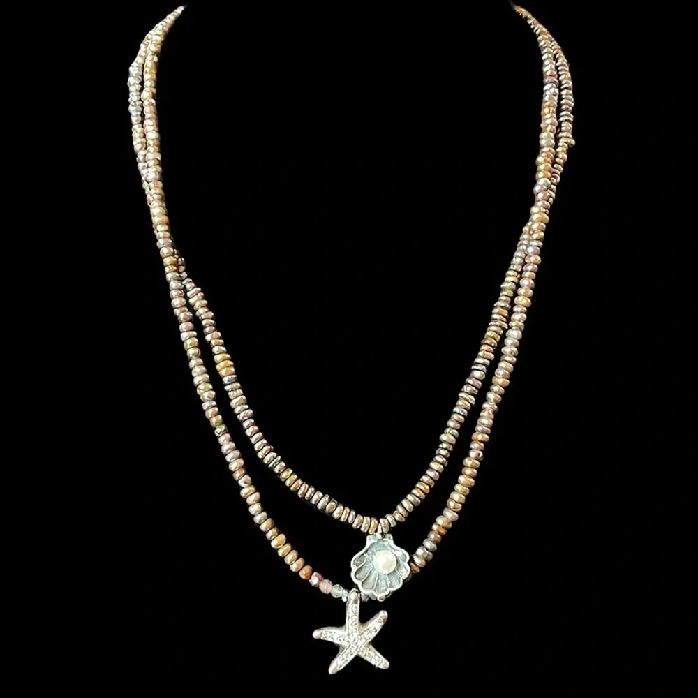 Sterling Silver Brown Keishi Pearl CZ Starfish Seashell Double Strand Necklace
